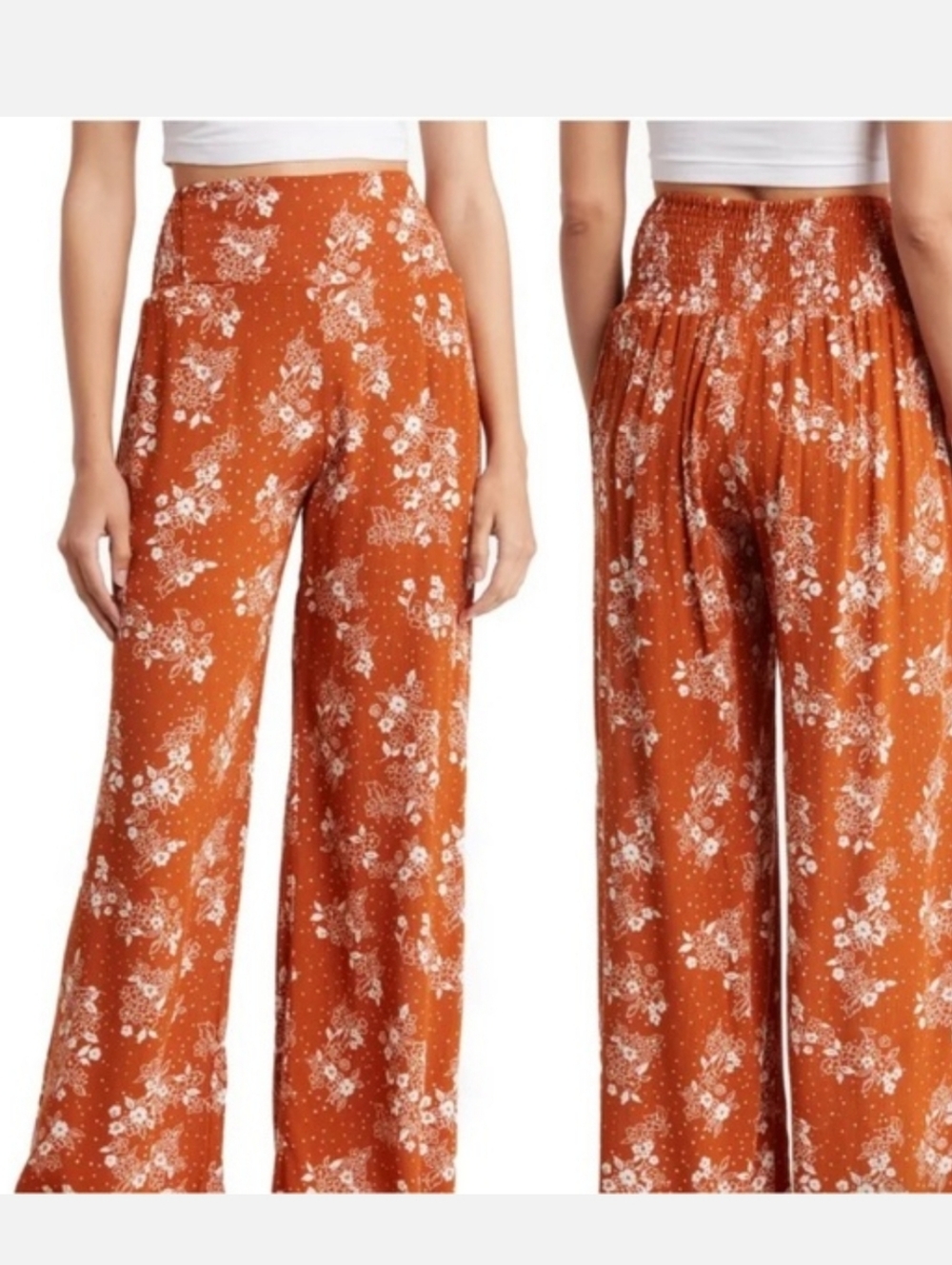 Three Dots High Rise Floral Boho Wide Leg Pull On Pants in Rust